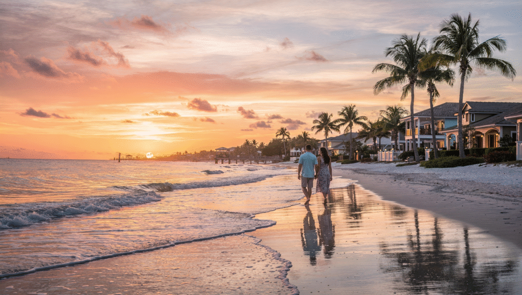 Couple walking a Florida Gulf Coast beach near homes at sunset