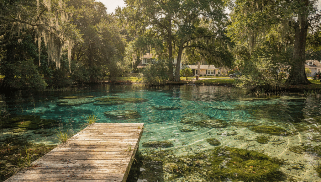 Best Florida state parks spring with clear water and scenic dock near Florida homes