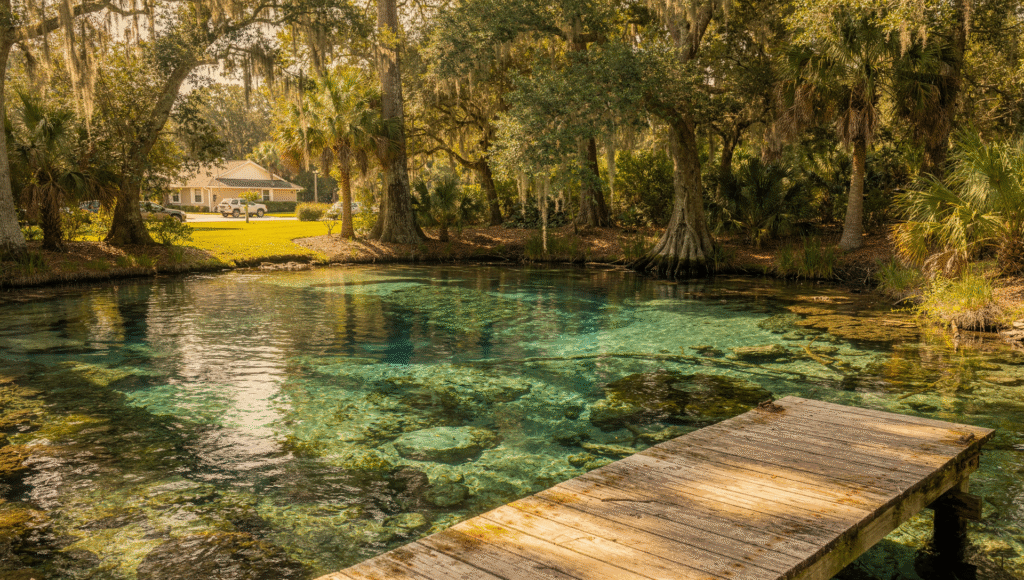 A high-resolution photo of a Florida spring with crystal-clear water, a wooden dock, tall trees, and a family-friendly outdoor vibe near a quiet neighborhood
