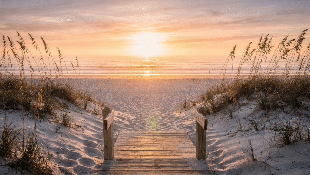 A high-resolution sunrise photo of a quiet Florida beach with sea oats and dunes, a wooden boardwalk leading to the shoreline, soft waves, no crowds, warm coastal tones