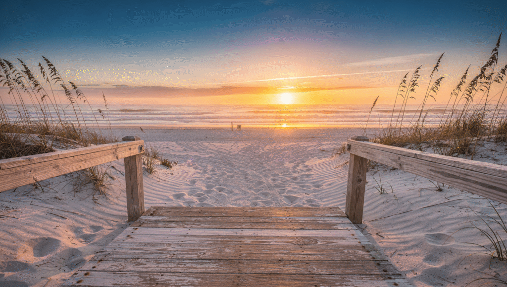 Hidden beaches in Florida with dunes, sea oats, and a quiet shoreline at sunrise