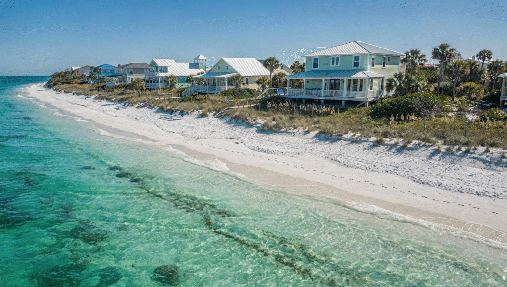Secluded Florida beach near coastal homes on a barrier island with turquoise water