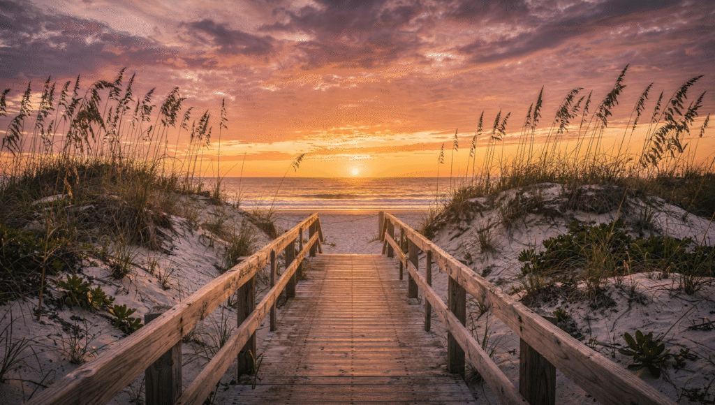 Florida state park beach with dunes, boardwalk, and sunset near coastal communities