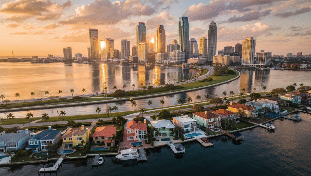Aerial view of waterfront skyline and homes highlighting the best neighborhoods in Tampa Bay Florida