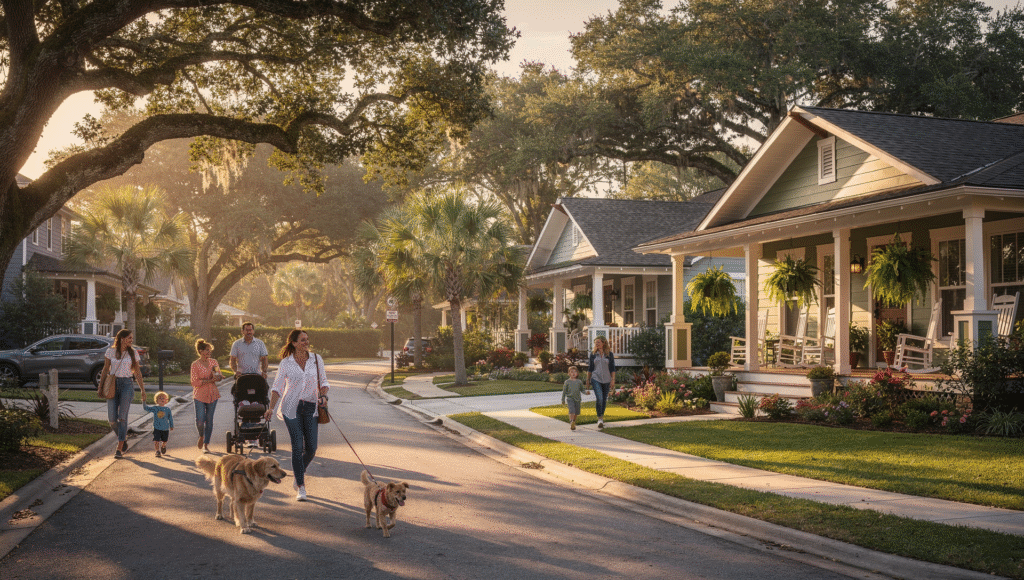 Street level view of a tree lined Tampa neighborhood with craftsman style homes, front porches, and families walking dogs, soft golden light, inviting suburban feel