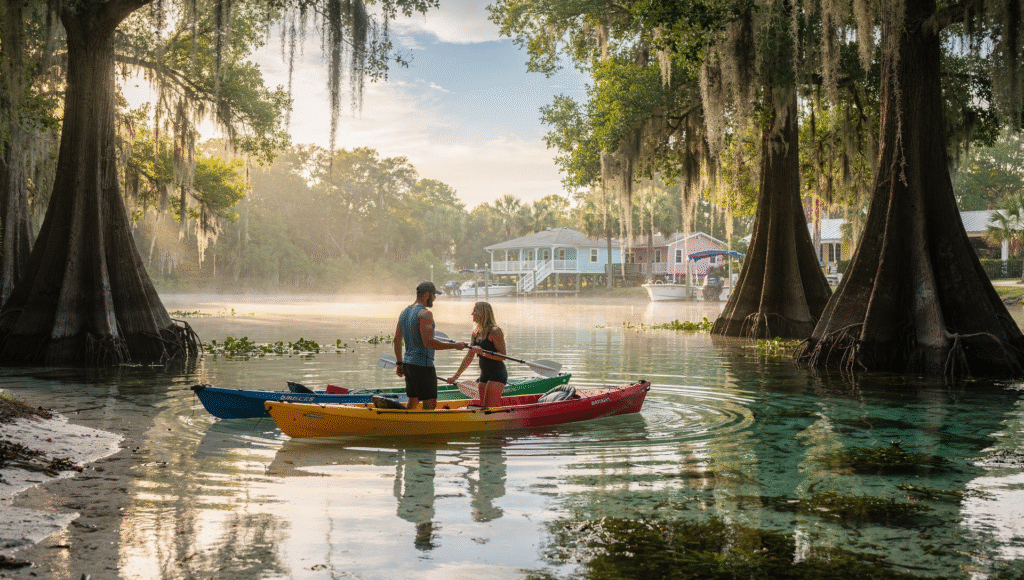 A couple launching kayaks on a crystal-clear spring river with cypress trees, sunlight rays through Spanish moss, subtle hint of nearby charming Florida community, cinematic realistic photography