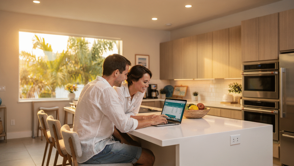 Couple in a Florida home comparing buying vs renting costs on a laptop