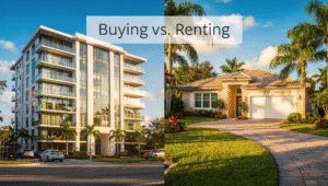 Florida apartment building and single family home side by side showing buying vs renting options