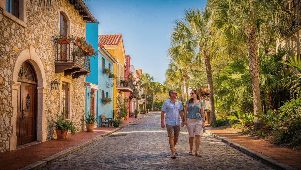 Historic Spanish style homes in St. Augustine Florida on a sunny cobblestone street