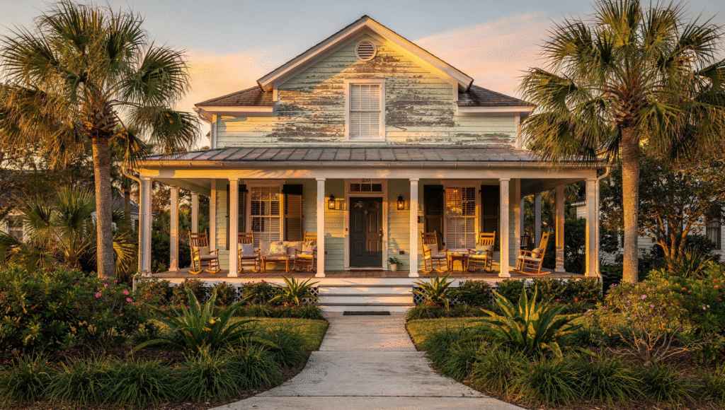 Charming historic St. Augustine Florida home with front porch and tropical landscaping