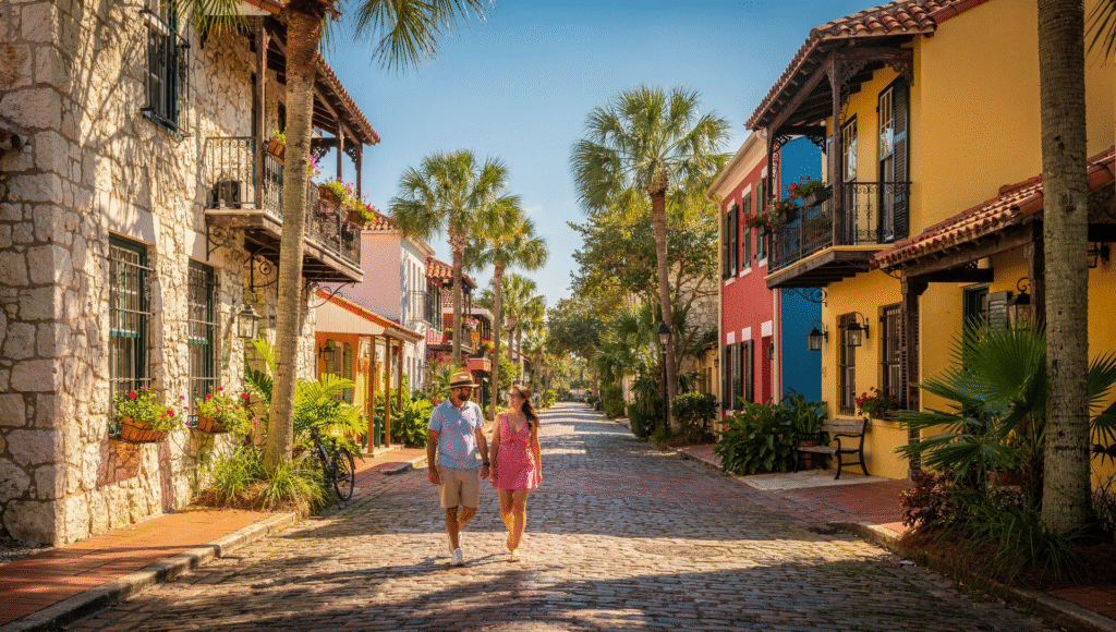 A sunny street in historic St. Augustine Florida with colorful Spanish style homes, coquina walls, palm trees, cobblestone pavement, and a relaxed couple walking by, captured in a bright, modern real estate photography style