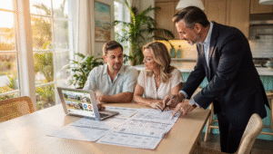 Close up of a Florida couple at a kitchen table reviewing property tax documents with a laptop open to a home search site, warm natural light, tropical decor, real estate advisor pointing at numbers, professional lifestyle photo