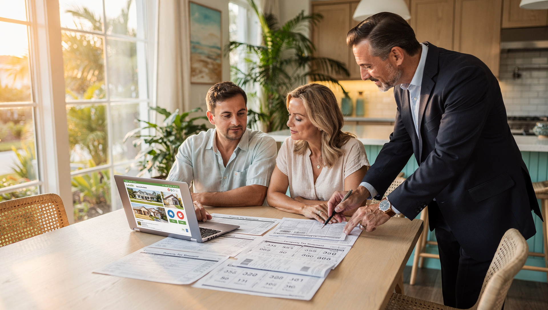 Close up of a Florida couple at a kitchen table reviewing property tax documents with a laptop open to a home search site, warm natural light, tropical decor, real estate advisor pointing at numbers, professional lifestyle photo