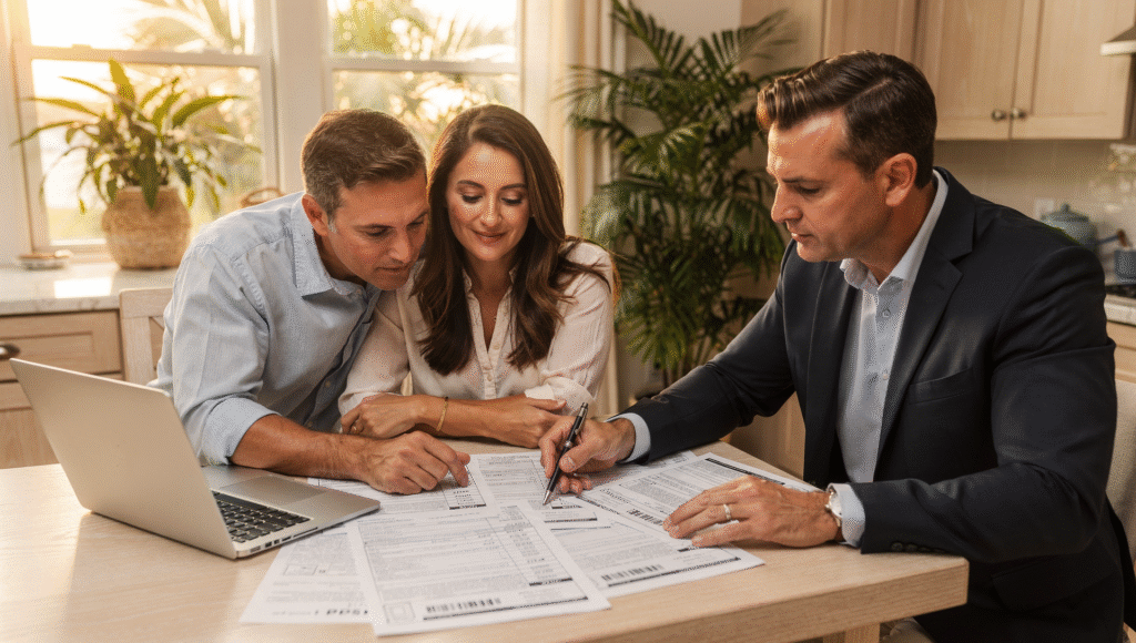 Florida home buyers reviewing property tax estimates while searching for homes online