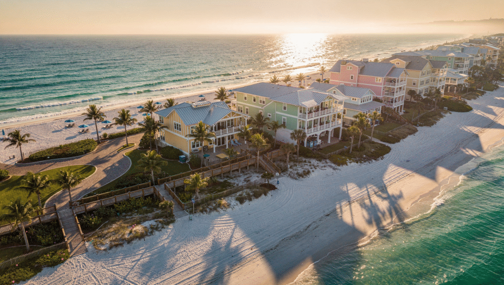 Florida beach town with vacation homes and palm trees along the coast
