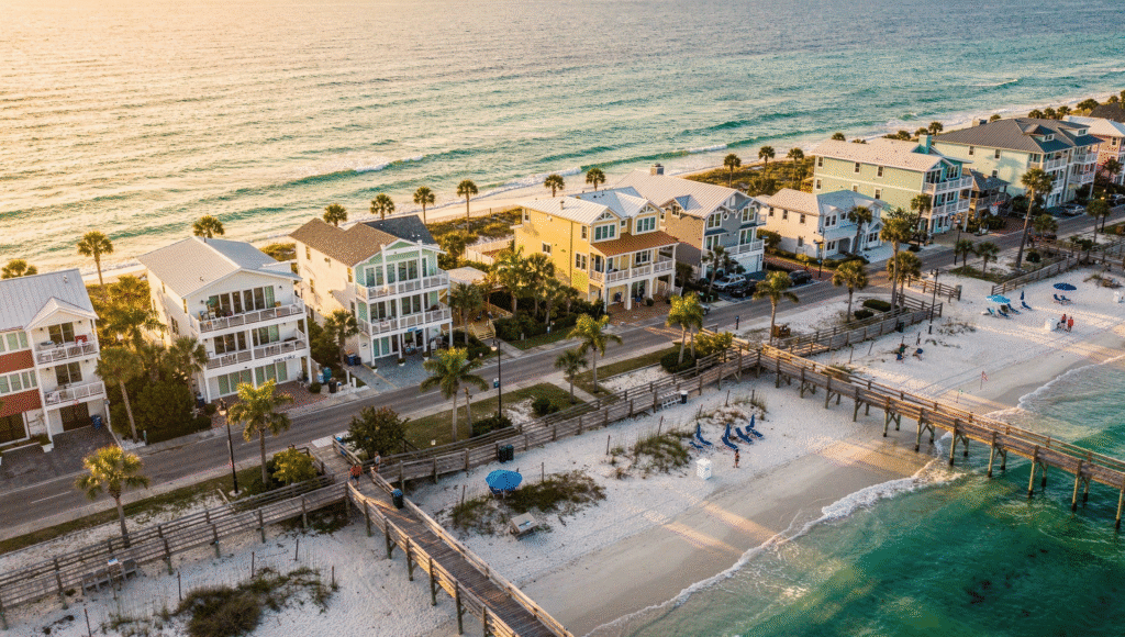 Aerial view of a bright Florida beach town with vacation homes, palm trees, and turquoise water, golden hour sunlight, inviting resort style neighborhood, high resolution real estate photography