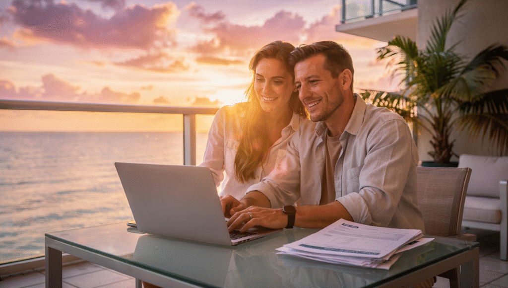 Couple planning Florida vacation home financing on a condo balcony overlooking the ocean