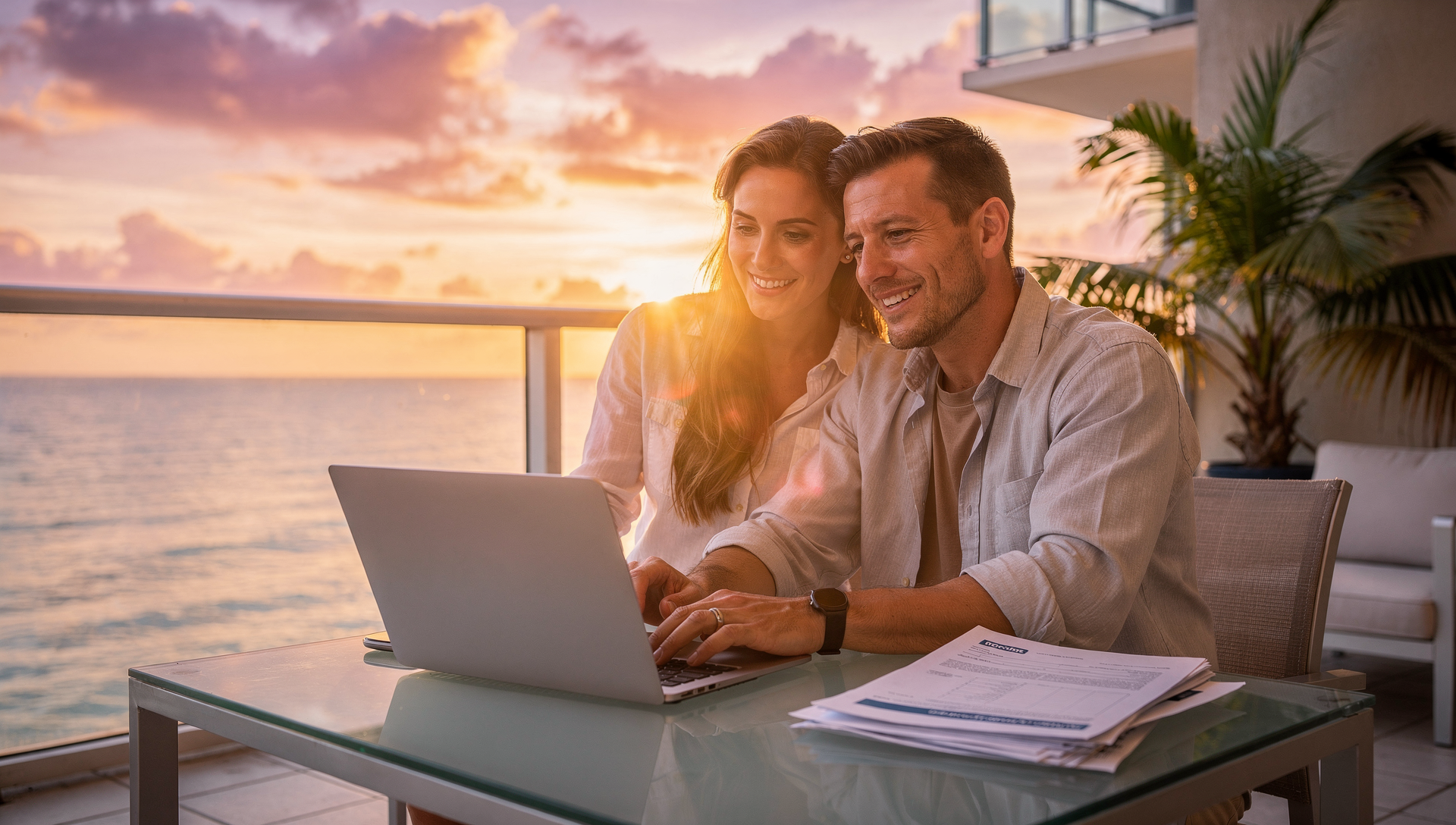 Couple planning Florida vacation home financing on a condo balcony overlooking the ocean