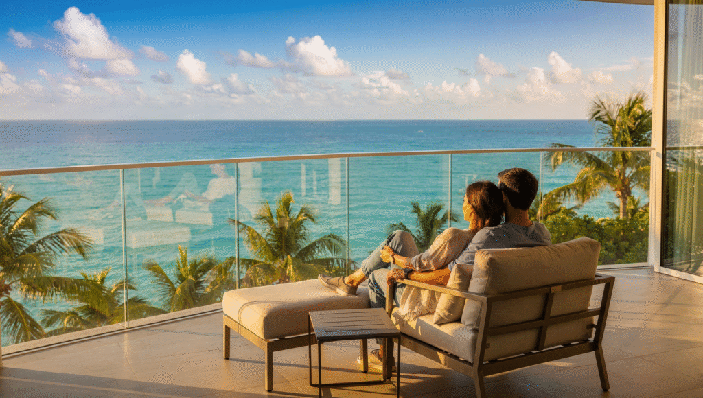 Couple enjoying the view from a Florida waterfront condo balcony overlooking the ocean