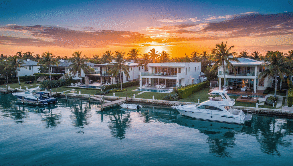 Aerial view of luxury Florida waterfront homes with private docks and boats on a calm bay at sunset, warm golden light, palm trees, turquoise water, high resolution