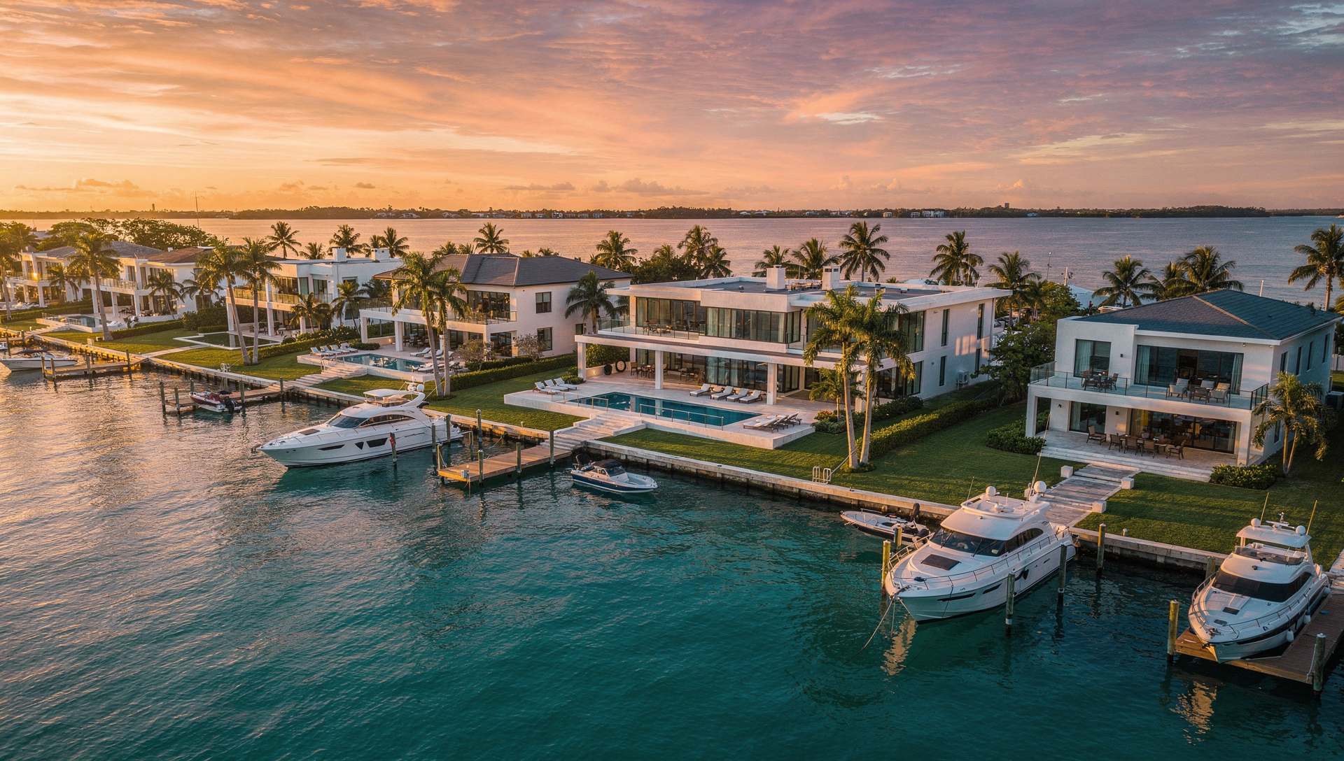 Luxury Florida waterfront homes with private docks and boats at sunset