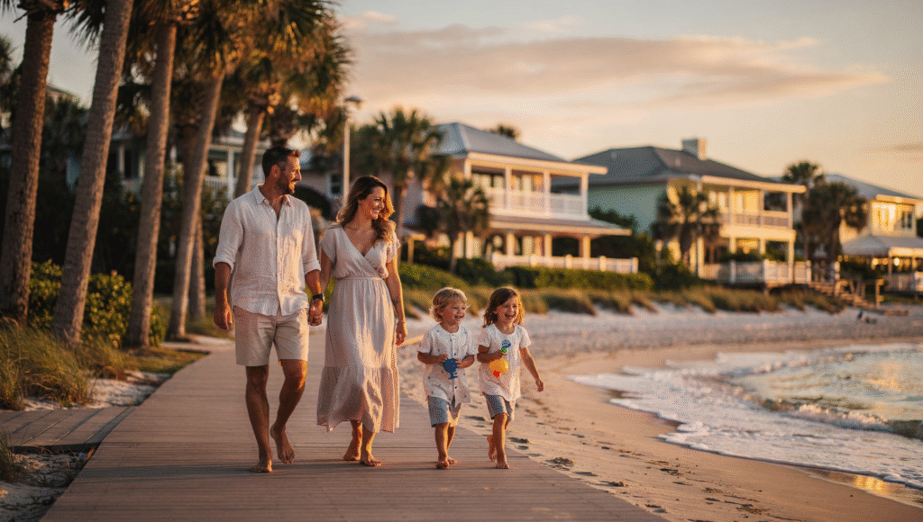 Family enjoying Sarasota beachfront boardwalk and coastal homes while living in Sarasota Florida
