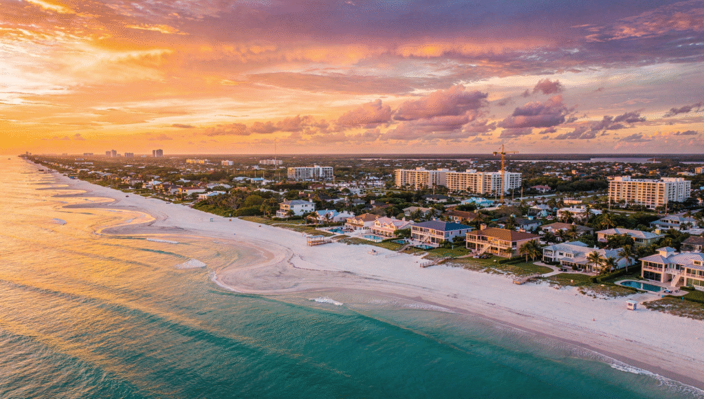 Aerial view of Sarasota Florida coastline at sunset, showing Siesta Key Beach, turquoise Gulf water, and nearby neighborhoods, bright and inviting, high quality real estate photography
