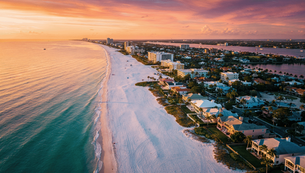 Aerial view of Siesta Key Beach and Sarasota neighborhoods showing what living in Sarasota Florida looks like