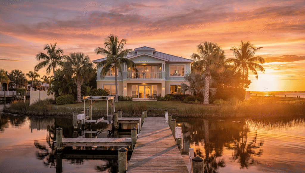 Waterfront home near Cocoa Beach Florida with Banana River dock and sunset views