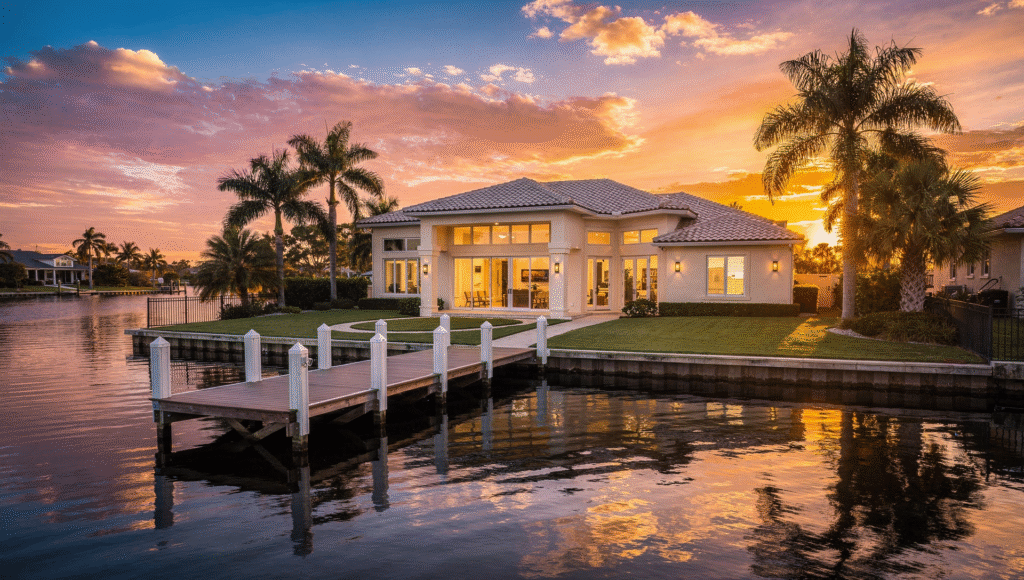 Waterfront Space Coast home near Cocoa Beach with dock on the Banana River at sunset, calm water, realistic photography style