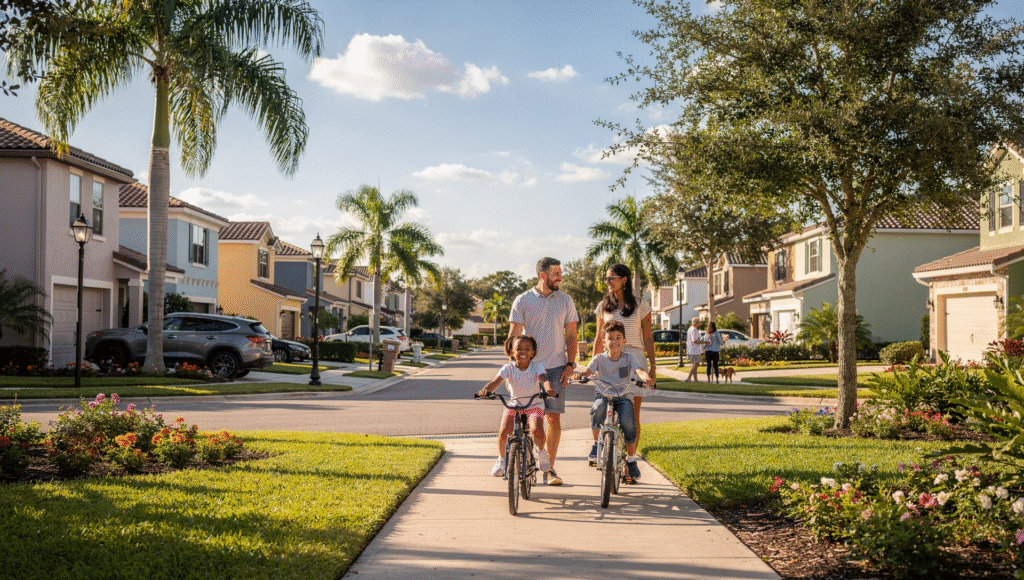 Family enjoying a residential neighborhood street after moving to Orlando Florida