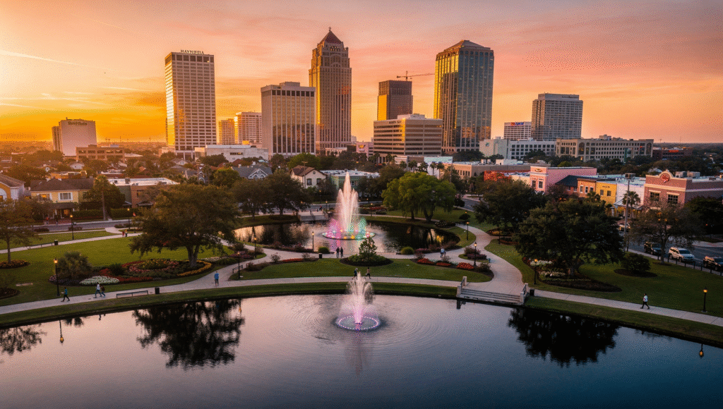 Aerial view of downtown skyline and Lake Eola showing what moving to Orlando Florida looks like