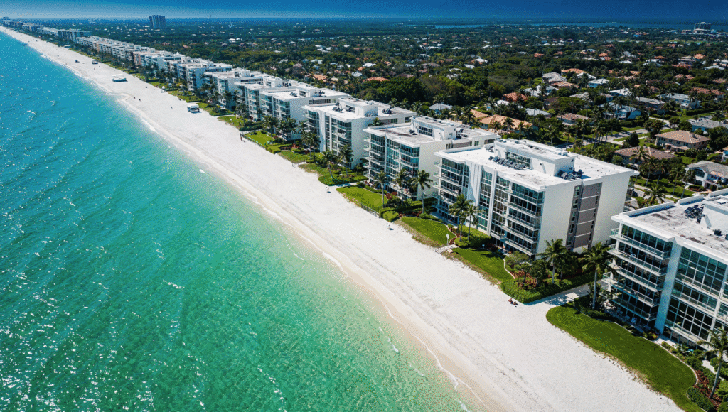Aerial view of Naples beachfront condos and neighborhoods showing luxury homes for sale in Naples Florida