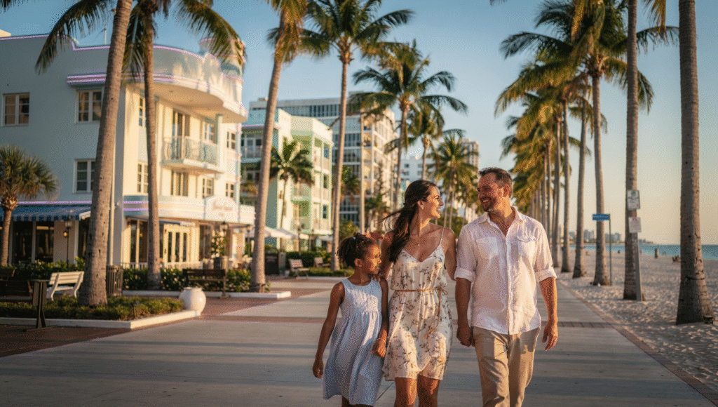 Family enjoying Miami Beach boardwalk and Art Deco homes while exploring what it is like living in Miami Florida