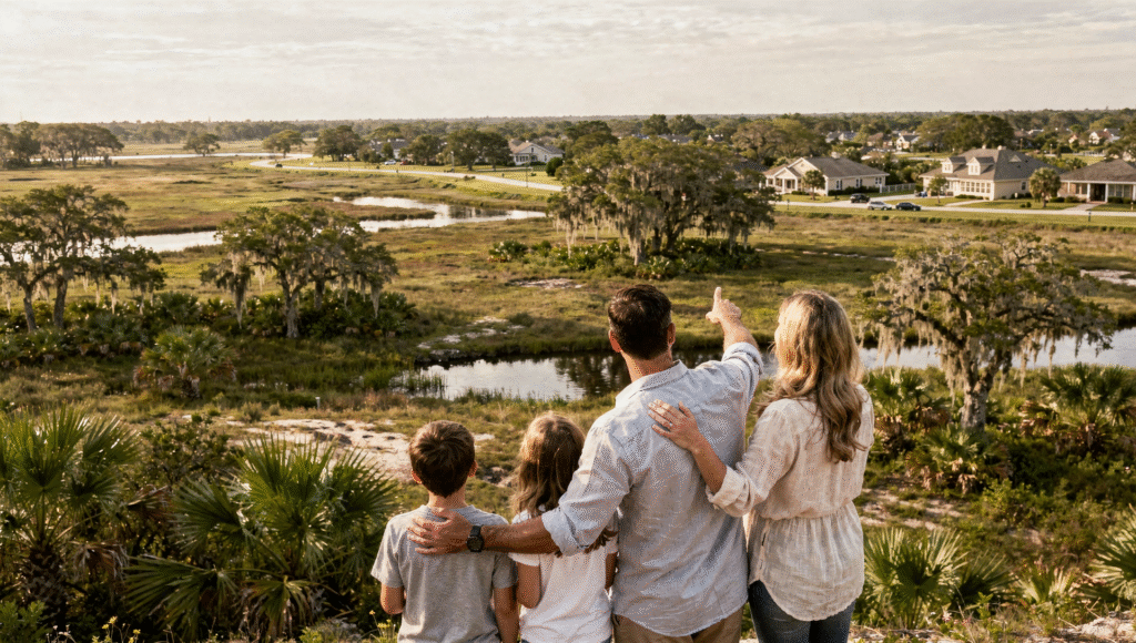 A realistic lifestyle photo of a family at a scenic overlook in Myakka or Ocala area with wide open Florida landscape views and a calm residential community nearby, natural colors