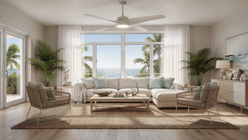 Energy efficient Florida home exterior with modern windows and palm trees