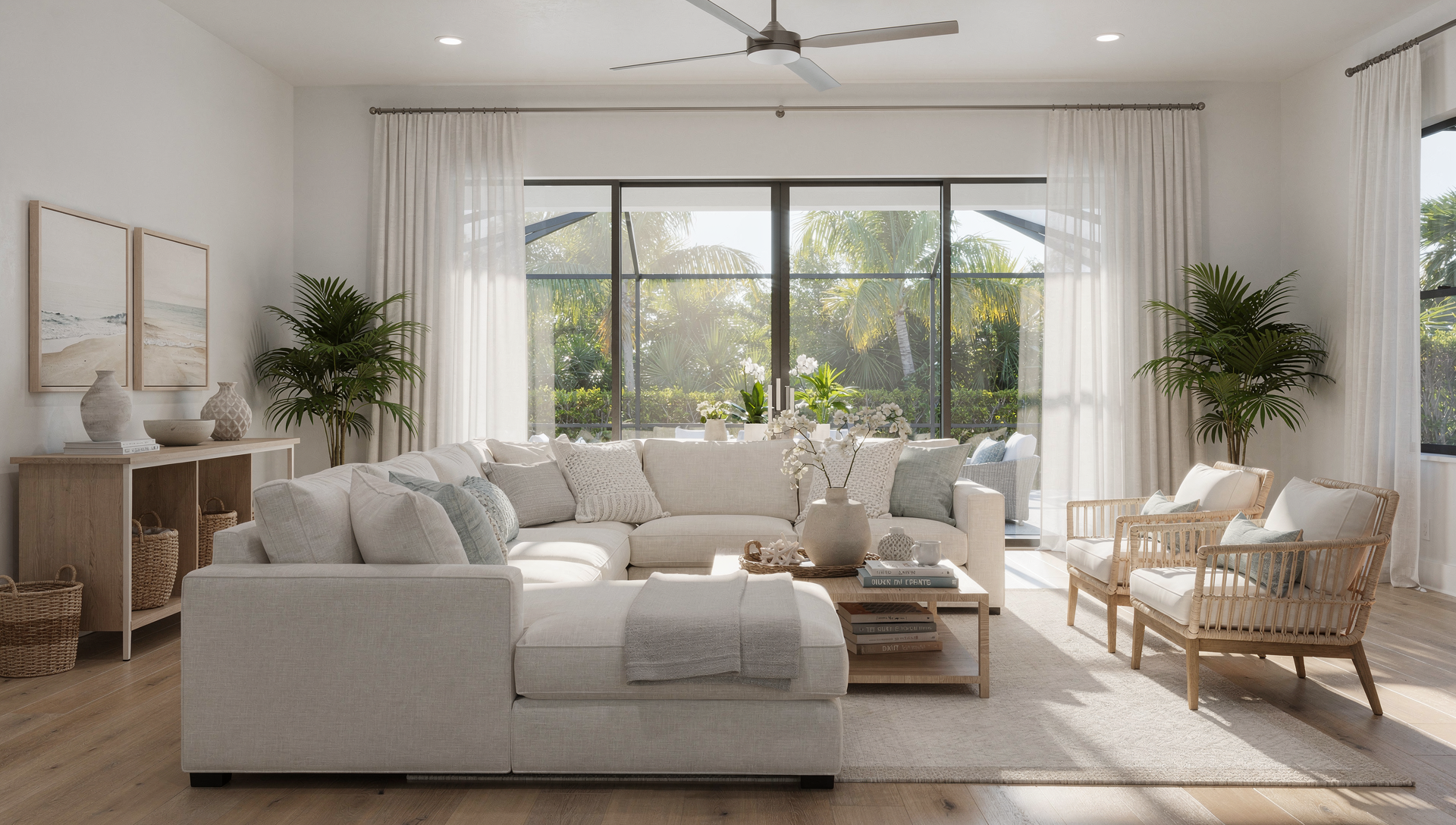 Luxury coastal Florida home exterior with modern design and palm trees