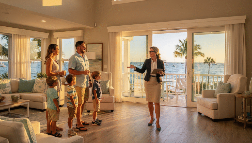 Home buyers touring a Florida Gulf Coast property with a realtor