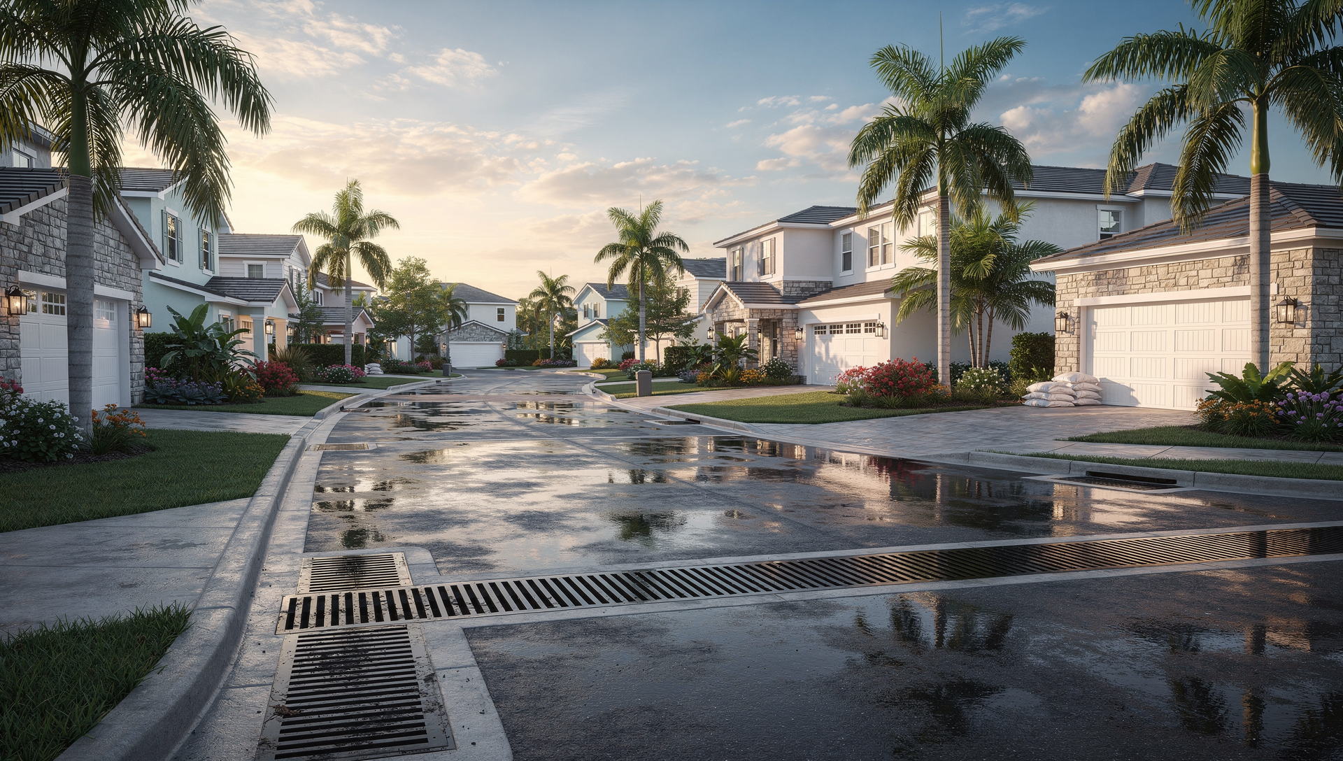 Florida neighborhood hurricane season preparation with sandbags and clean drainage