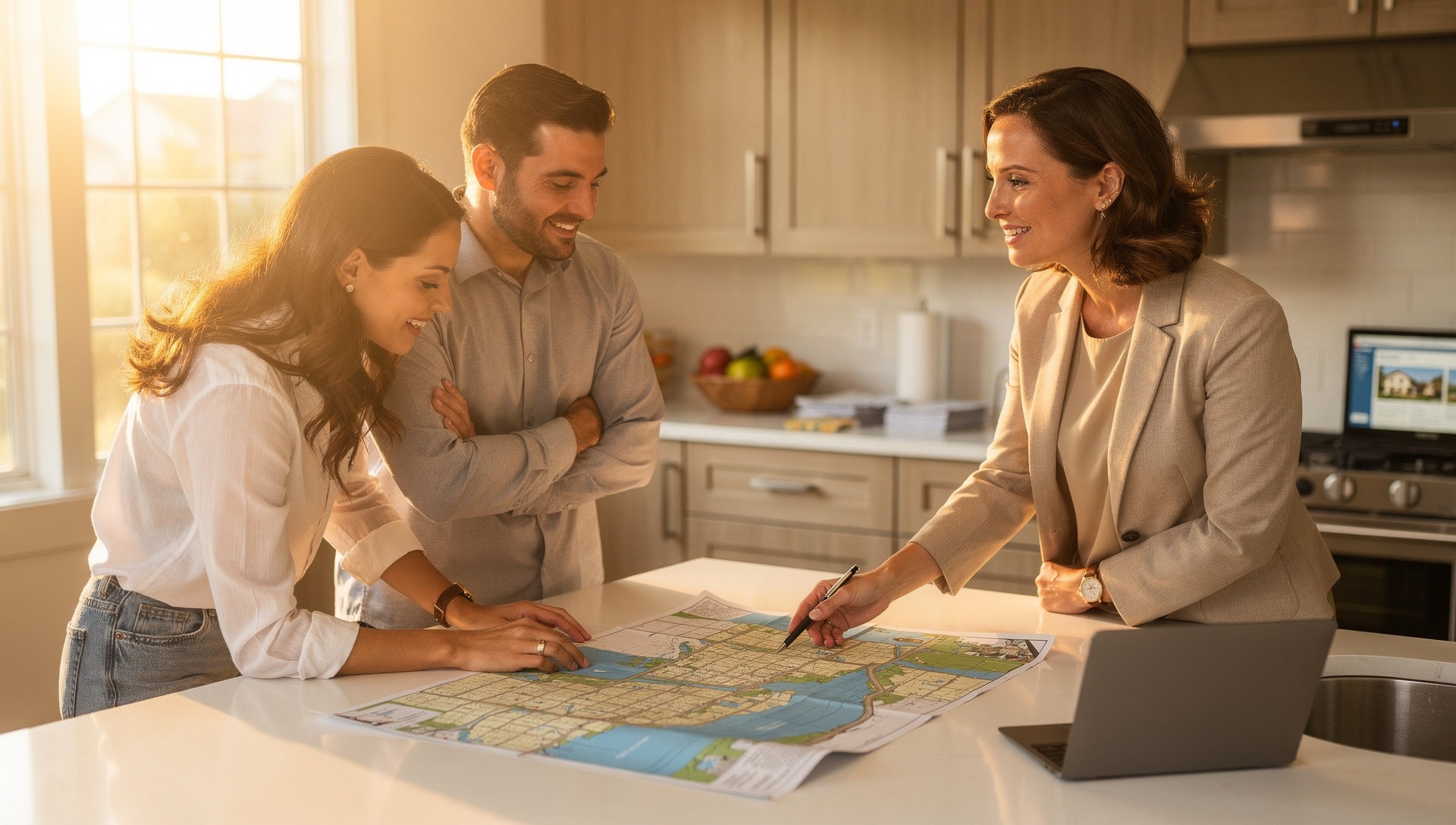 Realtor explaining Florida flood insurance requirements to home buyers using a flood map