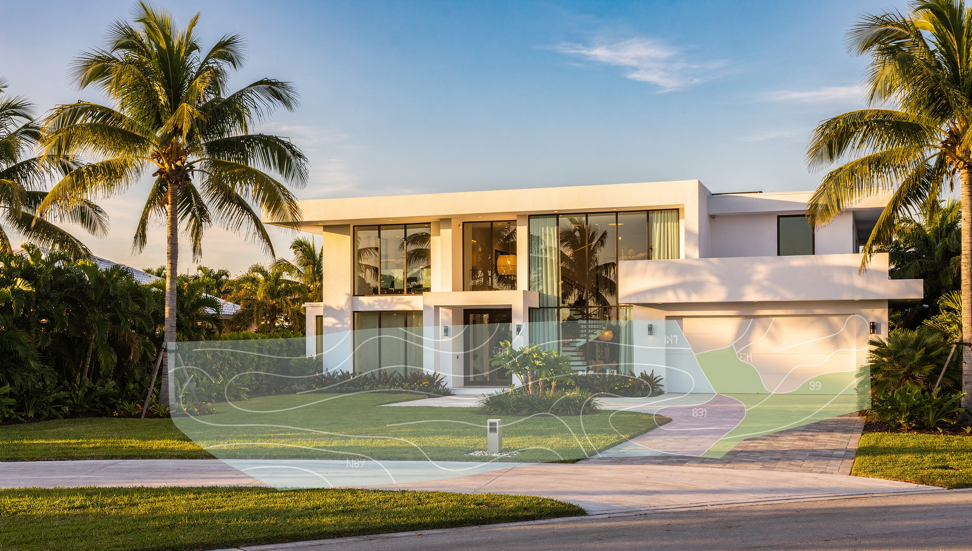 Florida home near the coast with flood zone map overlay for flood insurance guidance