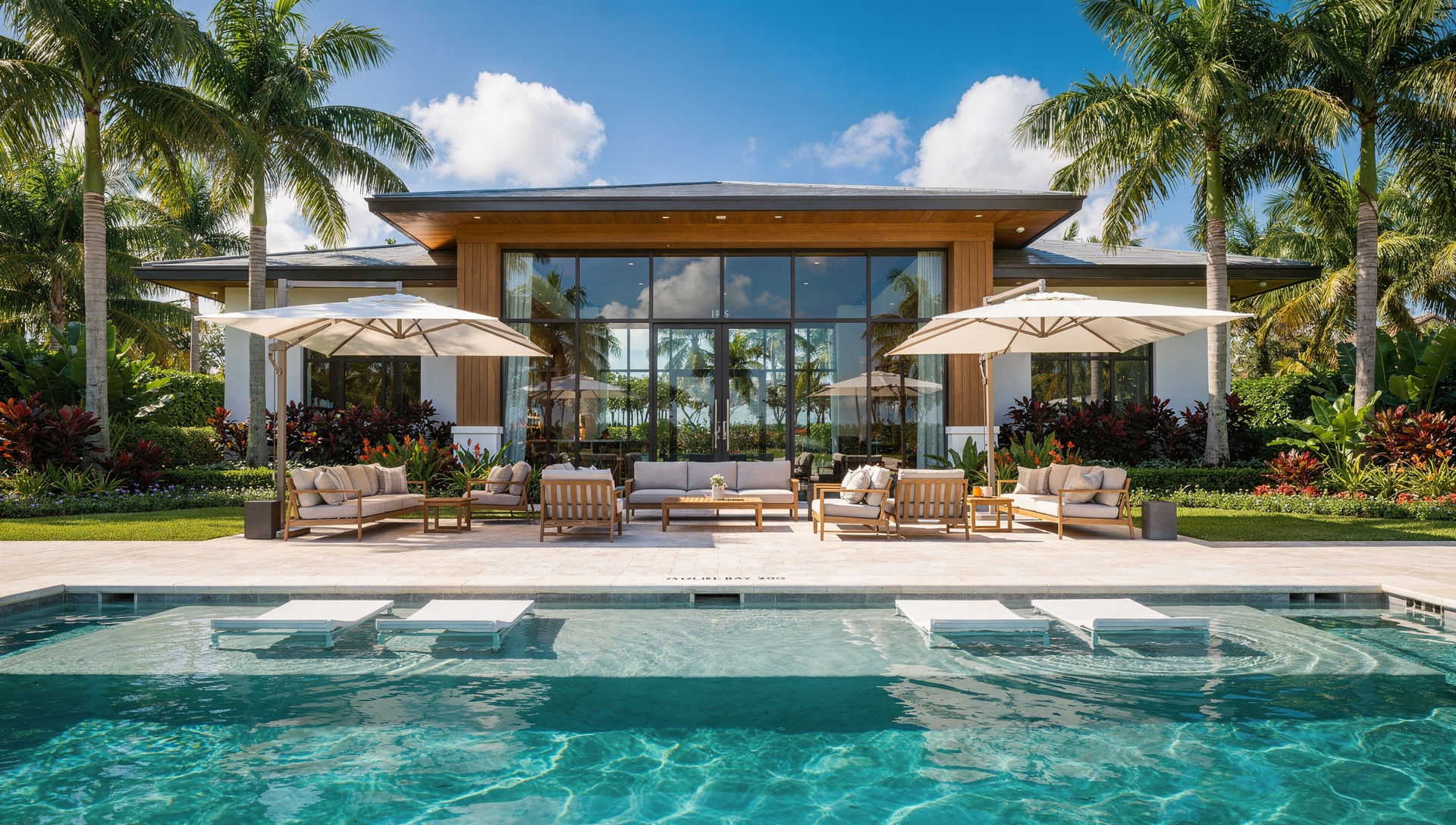 Florida HOA community entrance sign with palm trees and sunny sky