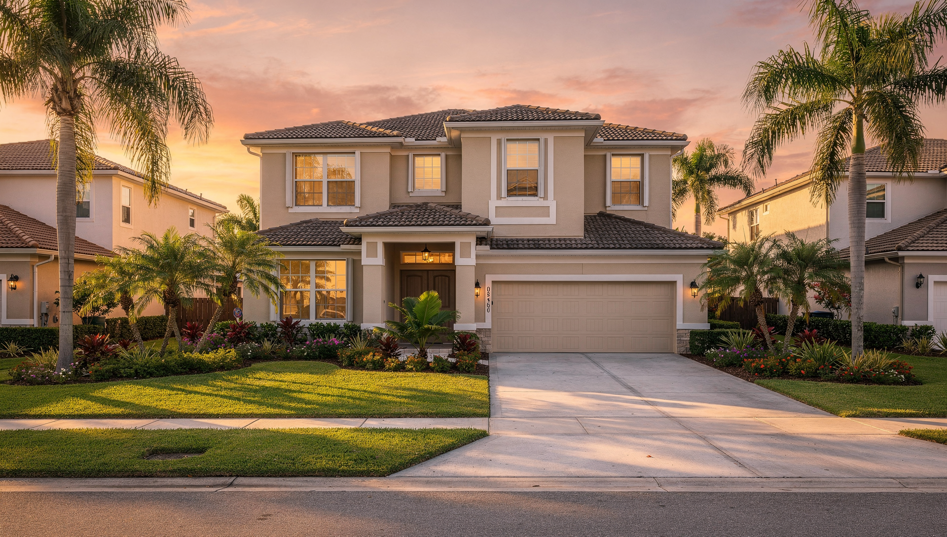 Florida HOA community entrance sign with palm trees and sunny sky