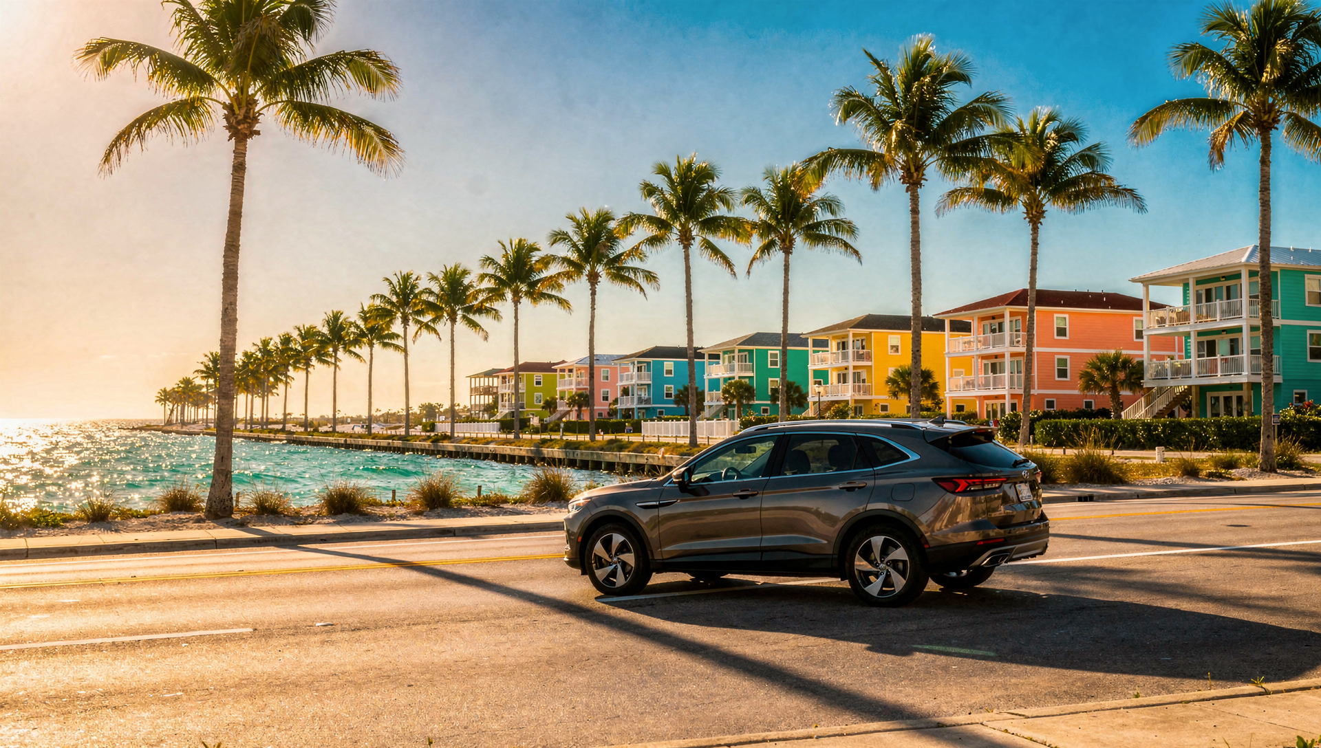 Florida coastal road trip passing beach homes and palm trees