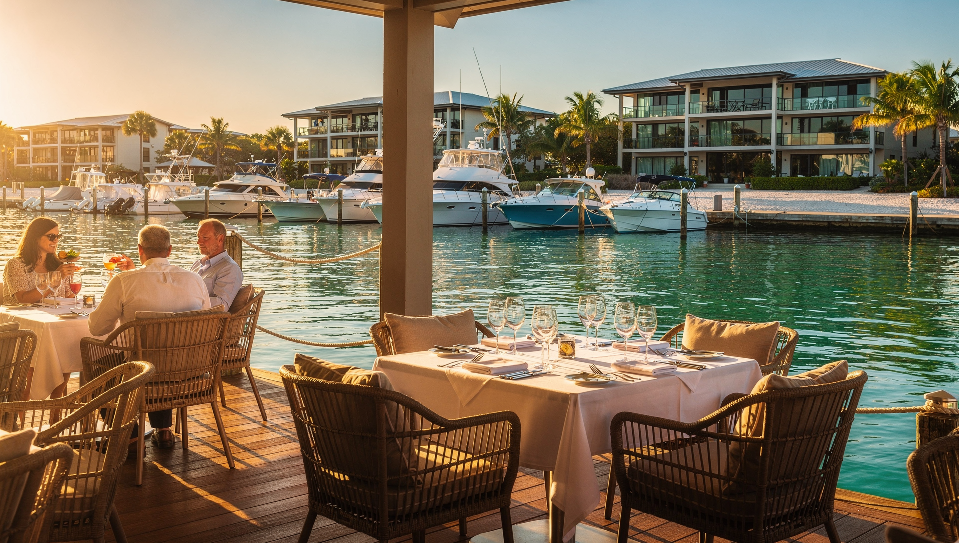 Oceanfront restaurant patio near Florida coastal homes at sunset