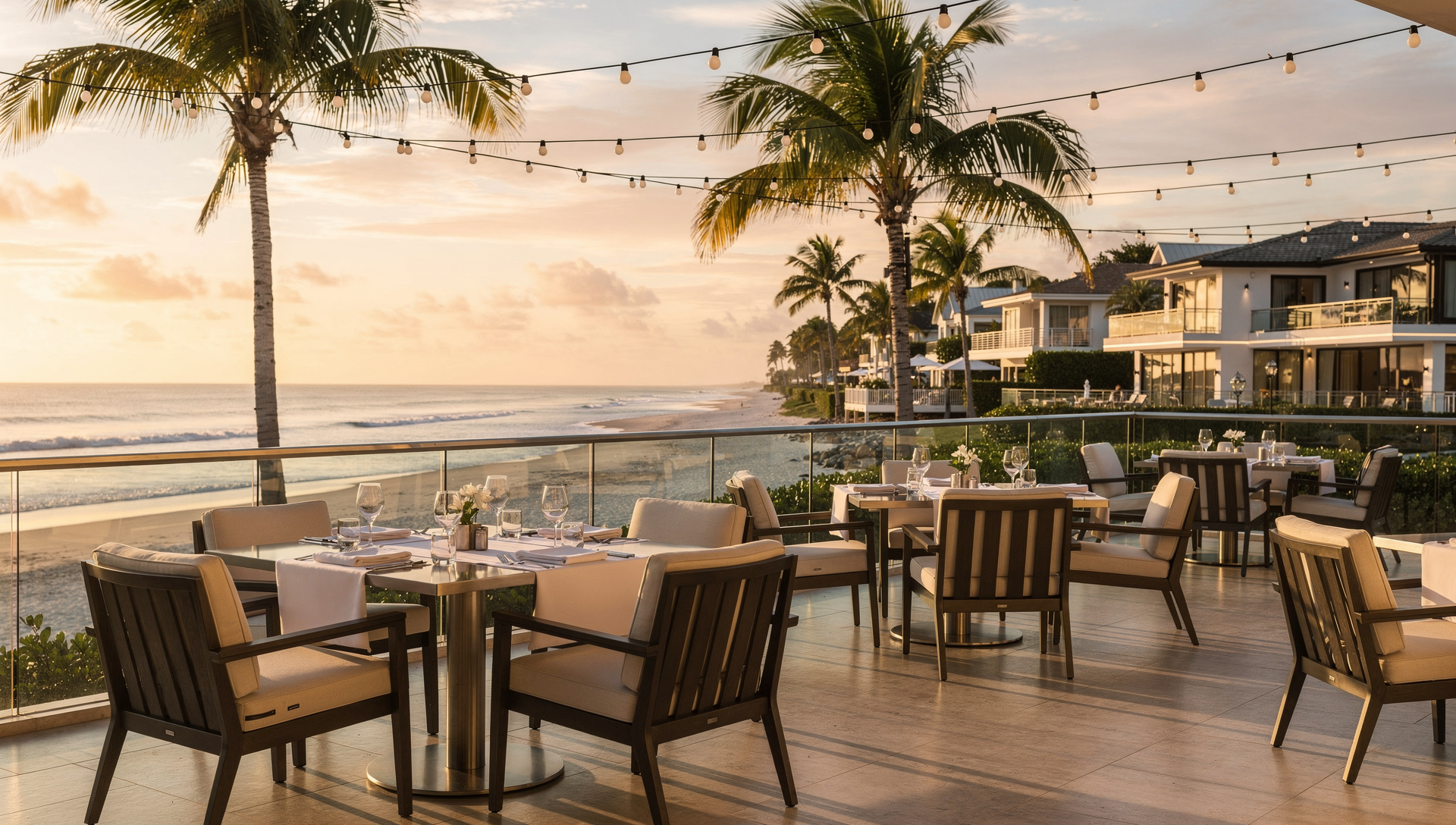 Oceanfront restaurant patio near Florida coastal homes at sunset