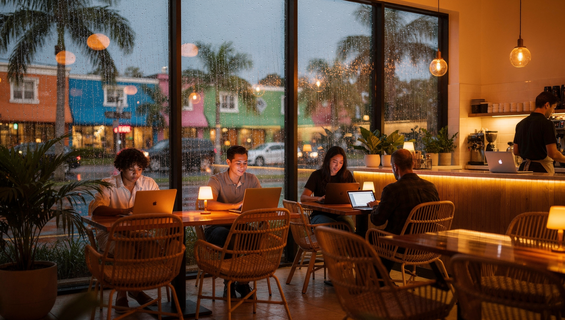 Exploring a Florida neighborhood from a cafe on a rainy day