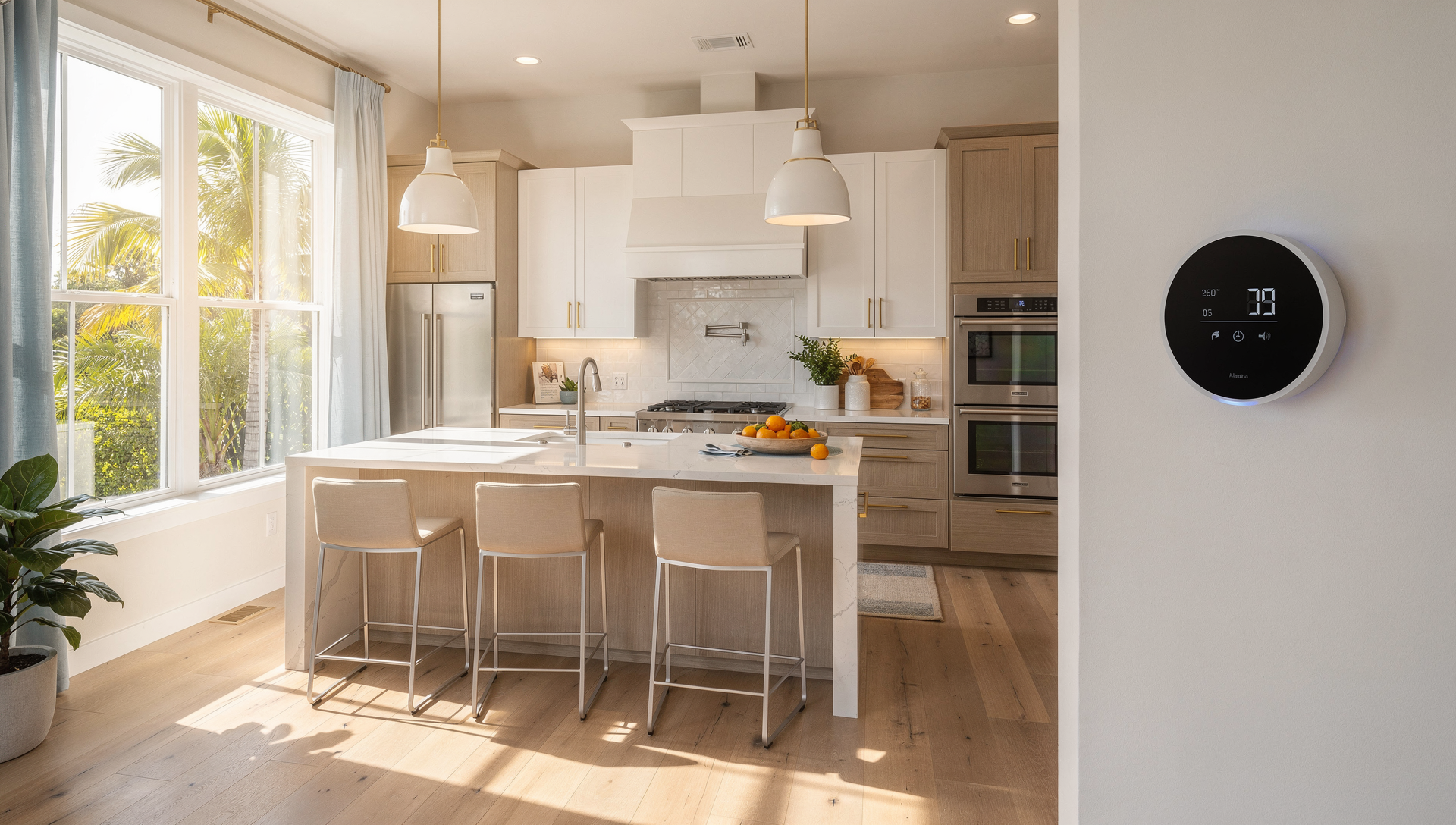 Smart thermostat and connected home features in a Florida kitchen