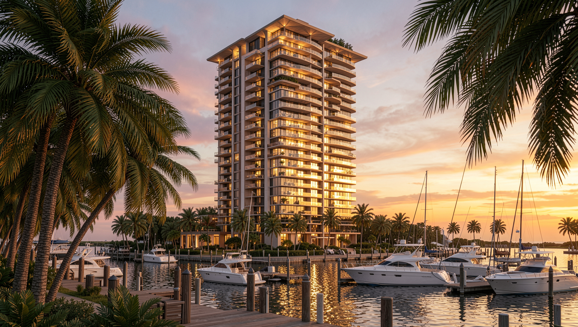 Luxury waterfront condo tower in Florida overlooking the water