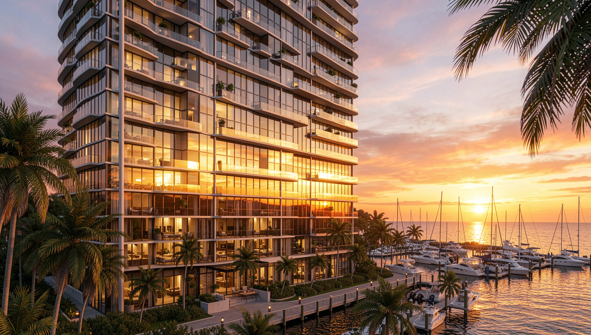 Luxury waterfront condo tower in Florida overlooking the water